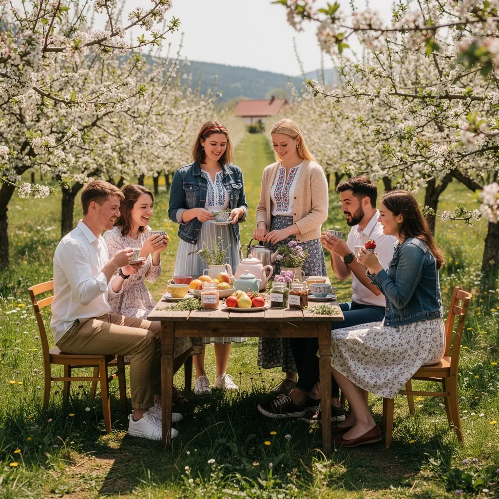 Tradičné slovenské čajové obrúsky s šálkami čaju