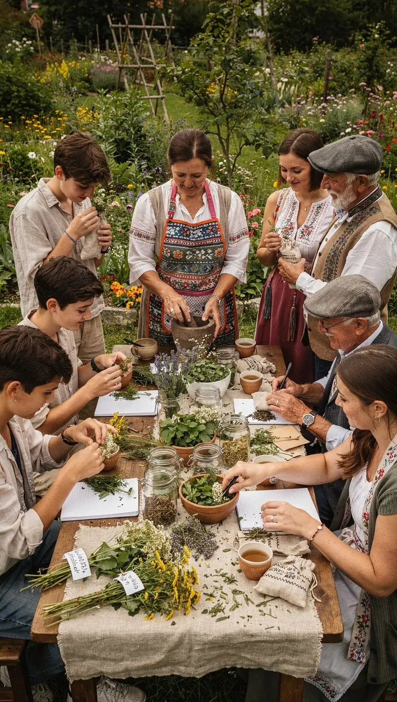 Zelený čaj s bylinkami v tradičnej keramickej šálke, obklopený sušenými kvetmi a lístkami.
