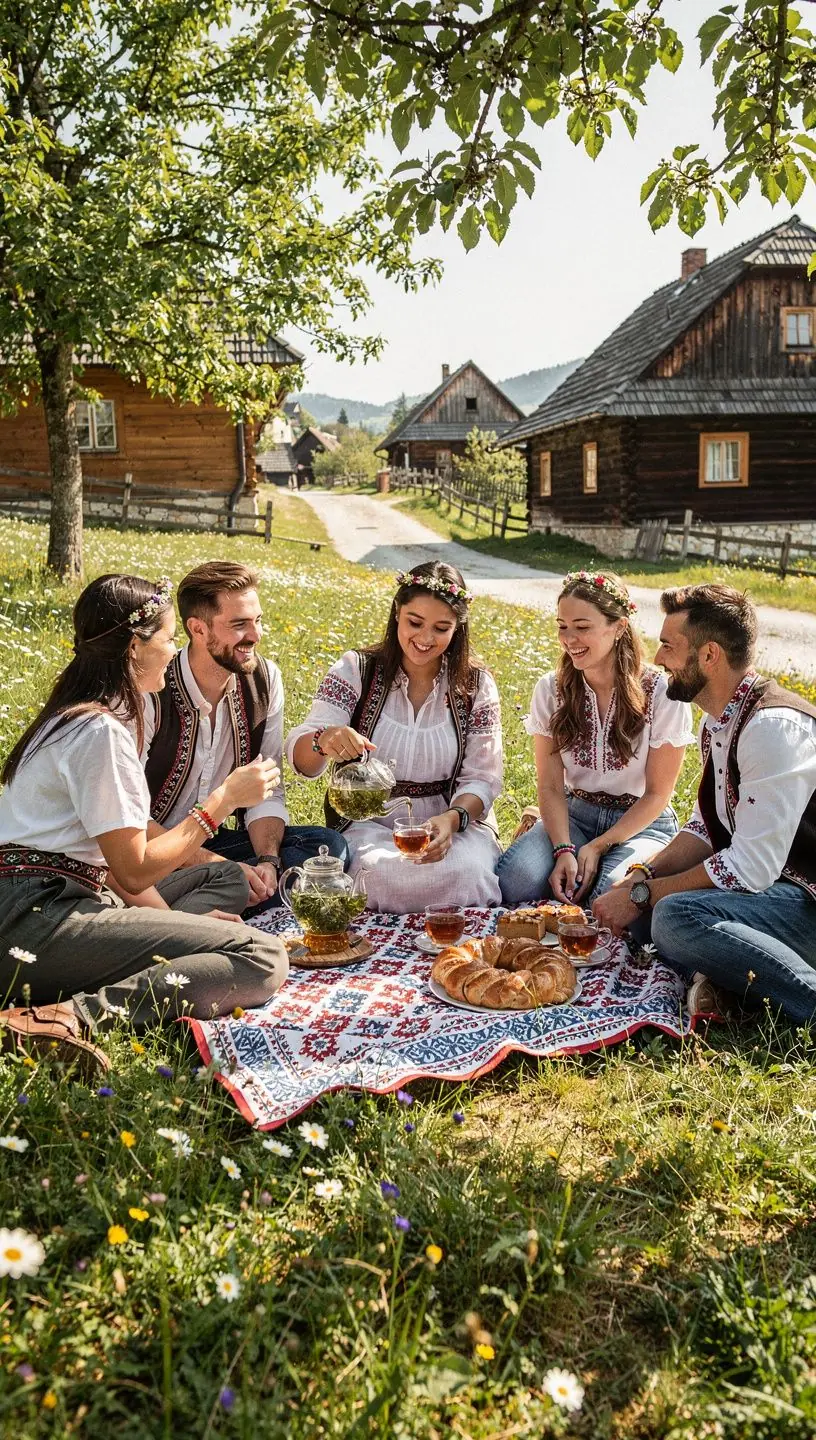 Slovenská krajina s bylinkovými políčkami a čajovým zberom
