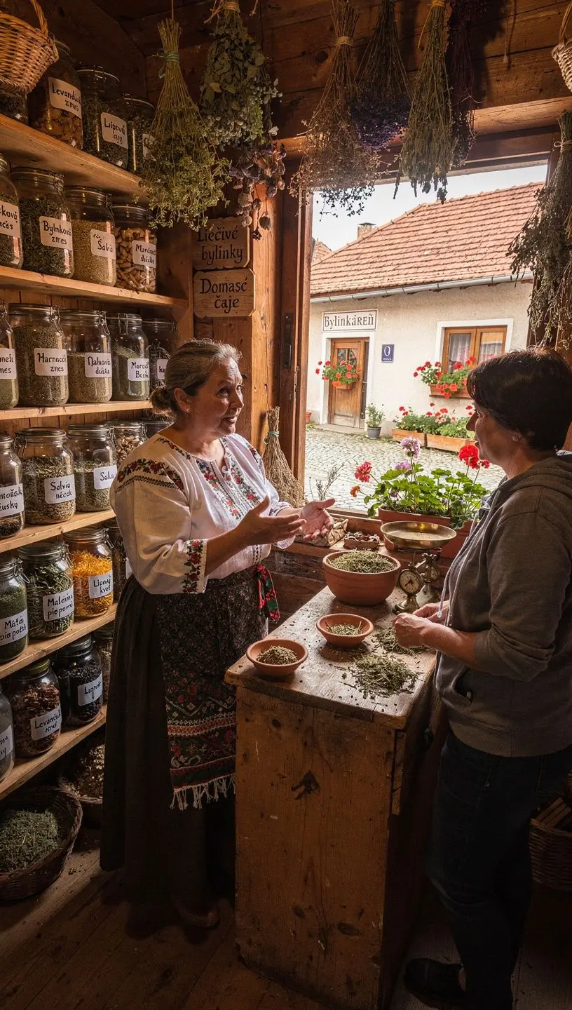 Ručne zbierané bylinky usporiadané vedľa šálky s čajom.