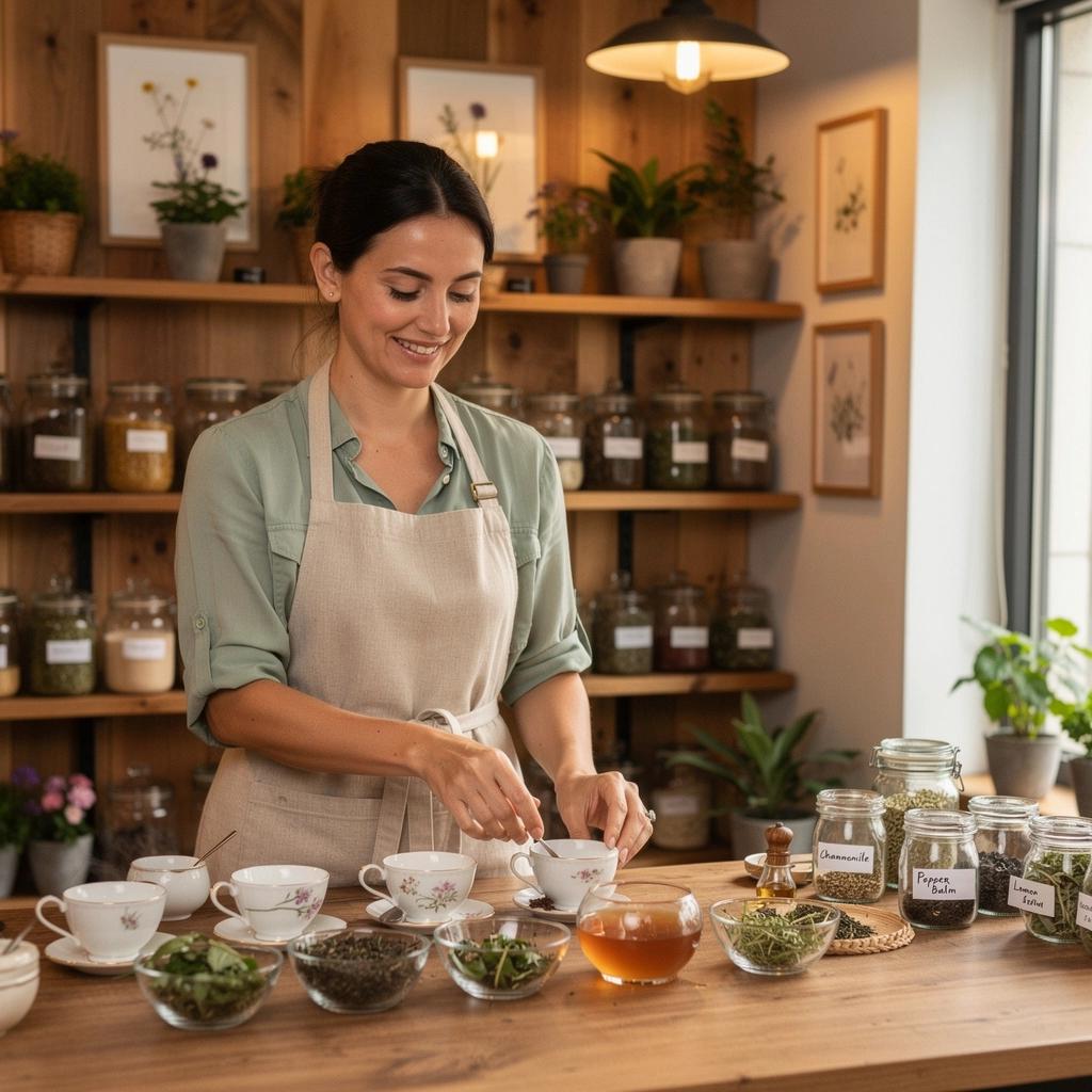 Sušené bylinky a kvety usporiadané na drevenom stole, s dôrazom na ich farby a textúry.